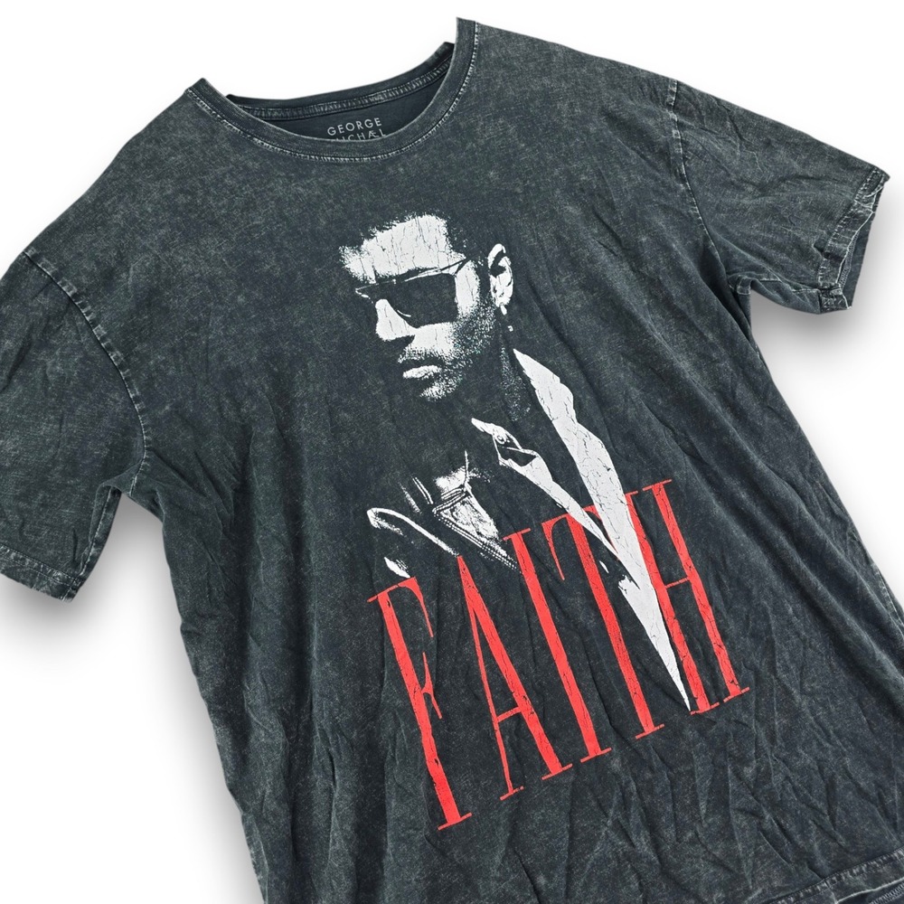 George Michael Faith Graphic T Shirt Mens XXL Gray Acid Wash Cotton Short Sleeve